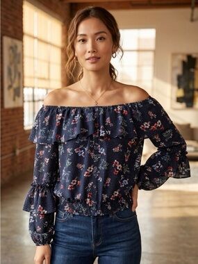 Sanctuary Gloriana Off-Shoulder Ruffle Blouse - Navy Floral - Sz Medium
